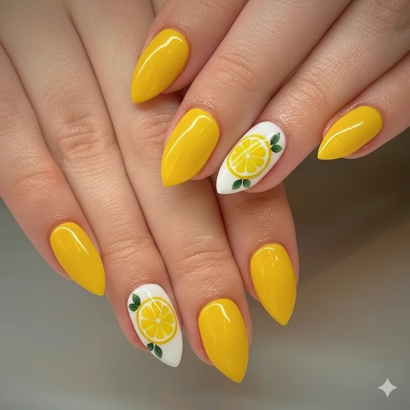 Lemon nails outfit pairing showing hand with citrus manicure against white linen and raffia sandals for Amalfi summer styling