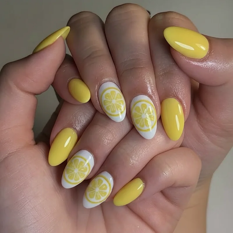 Nail shape guide for lemon nail art showing oval almond squoval shapes with citrus summer manicure for best design results