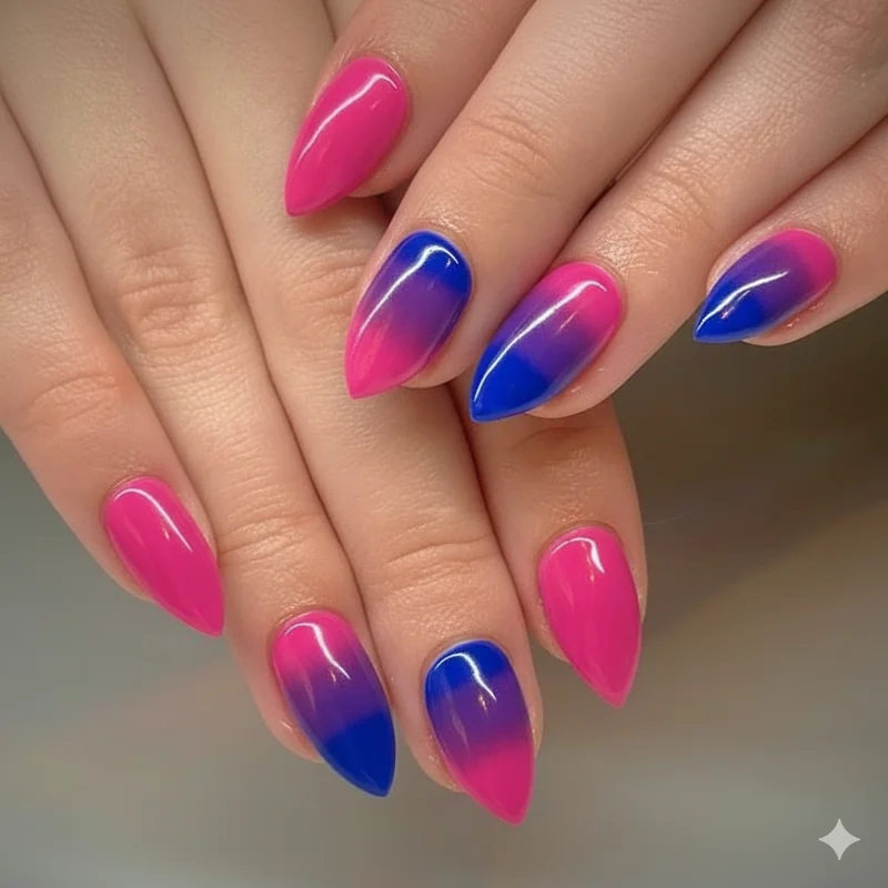 Bi flag ombre nail showing correct pink at cuticle purple centre blue at tip colour order with 40 20 40 proportion gradient placement guide