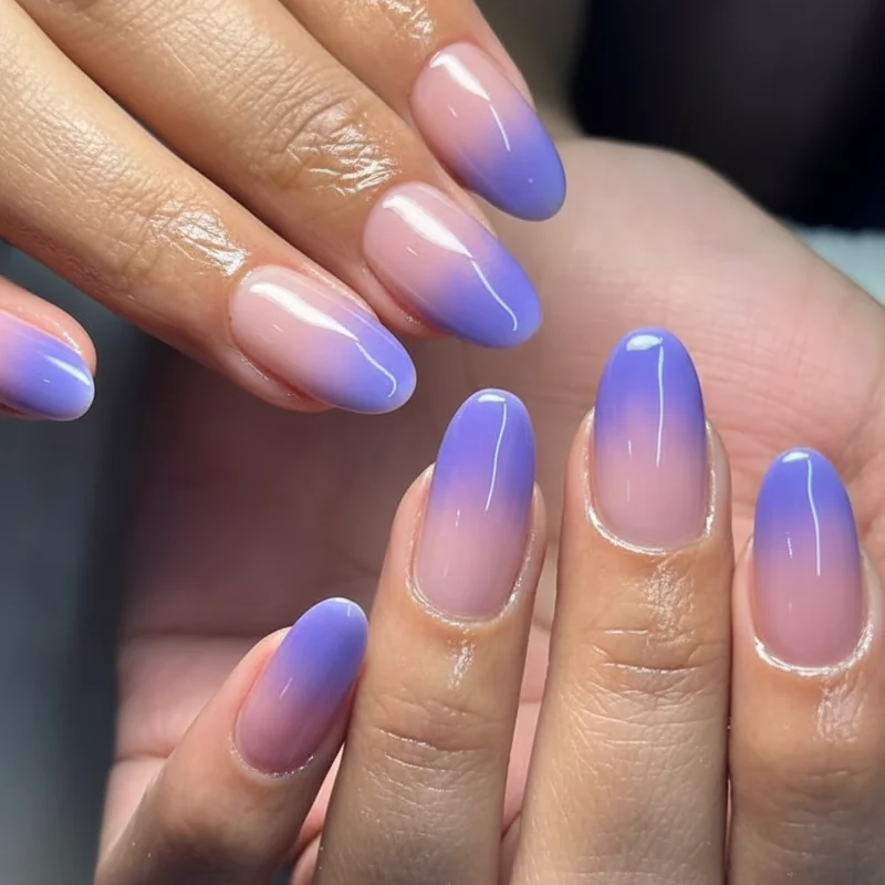Bi flag ombre nail shapes comparison showing almond coffin and square gradient differences in pink purple and blue with shape specific design notes