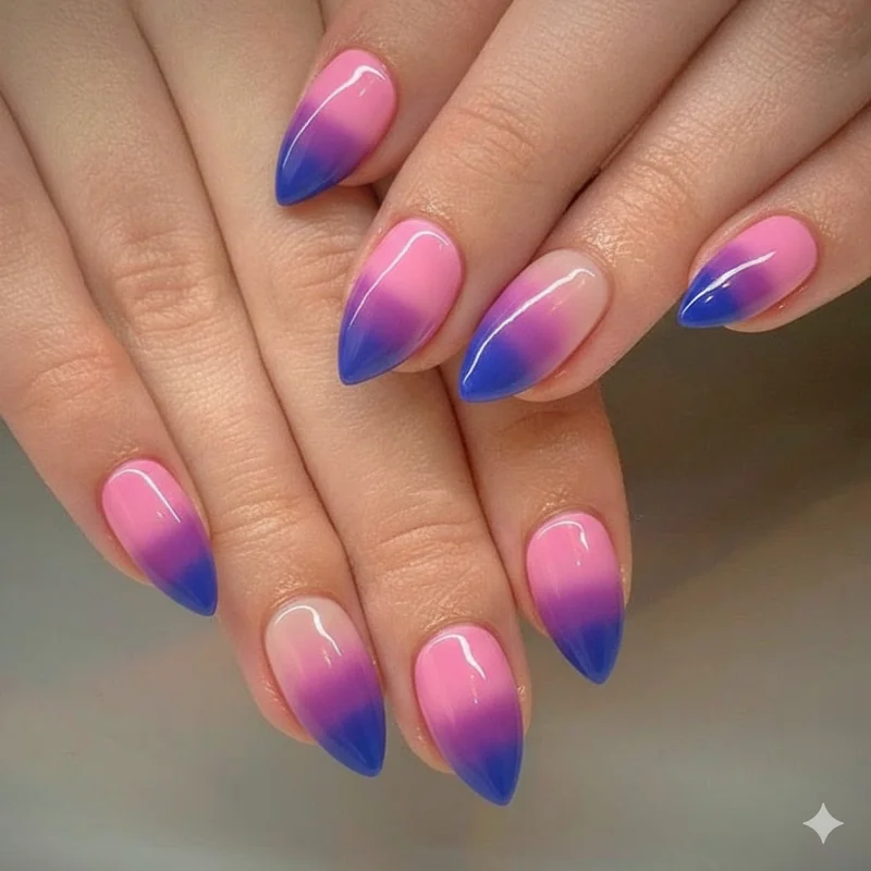 Bi flag ombre press on nails in pink purple and blue gradient from independent maker shown across full set on hands with shape and length options