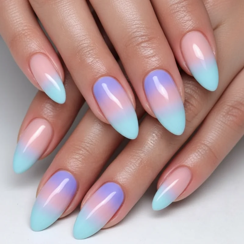 Bi flag ombre short nails in pastel pink purple and blue with single accent nail approach and simplified gradient for everyday bisexual pride manicure