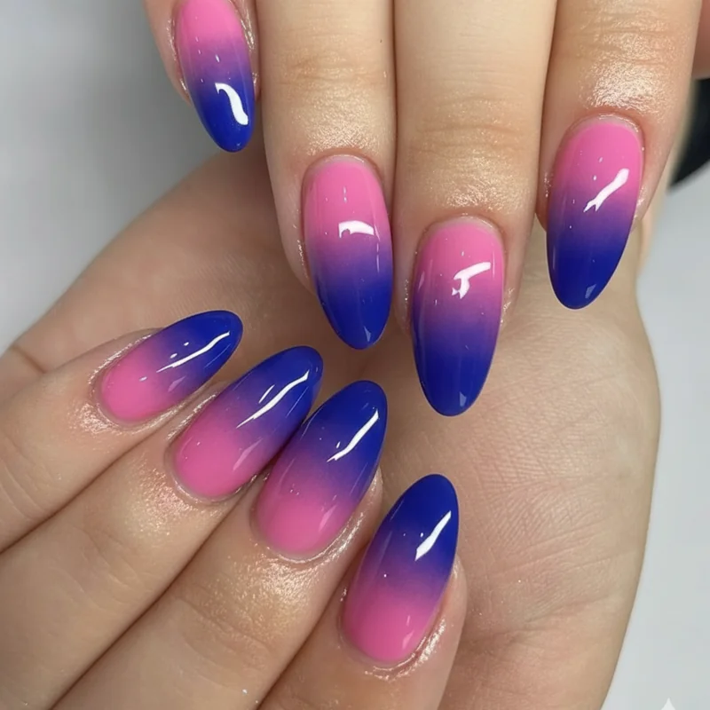 Bi pride flag gradient nail close-up showing symbolic pink to purple to blue colour overlap representing bisexual pride flag stripe meaning