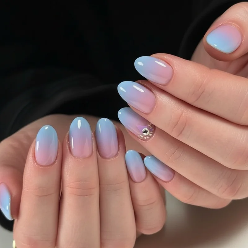 Pastel bi flag ombre nails in soft rose lavender and periwinkle gradient finish for understated everyday bisexual pride wear manicure