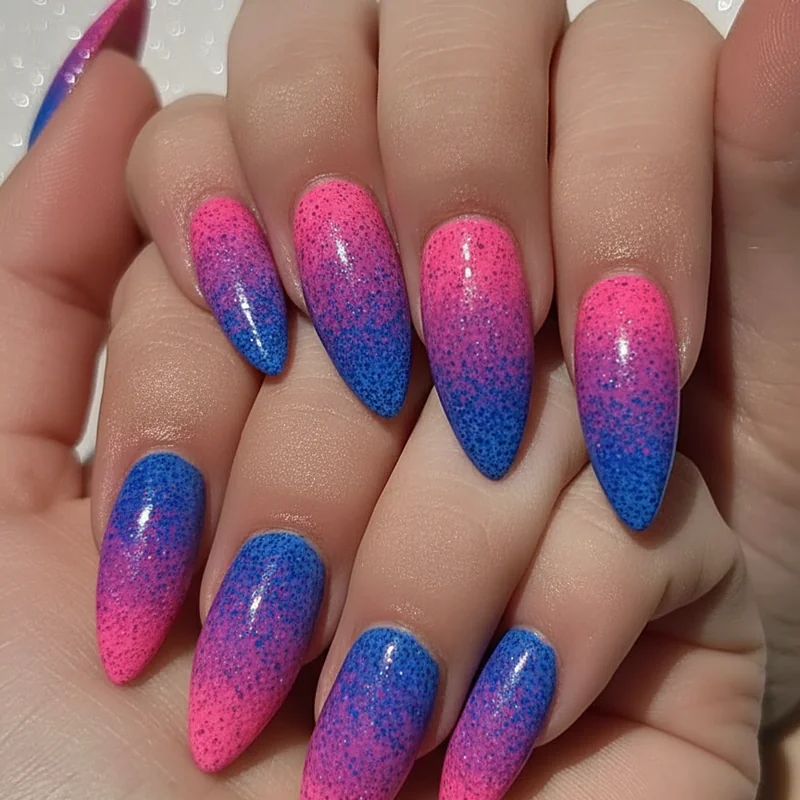 Sponge ombre three colour bi flag nail technique showing pink purple blue layered stippling passes for clean gradient without muddy middle transition