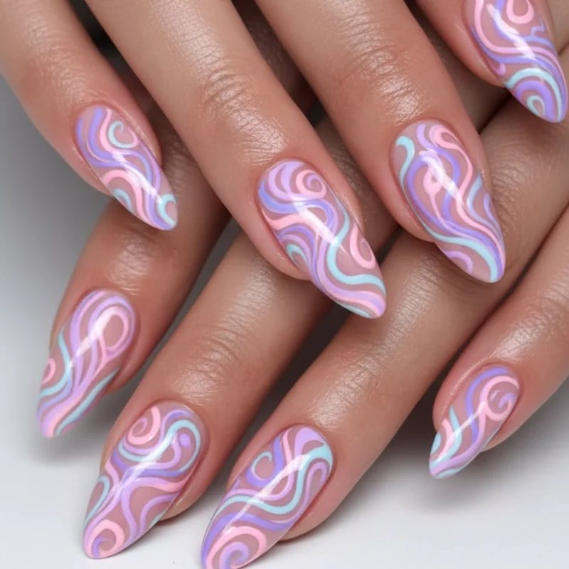 Abstract swirl bi nail art almond shape with pink purple and blue fluid lines on sheer milky base bi lighting nail aesthetic