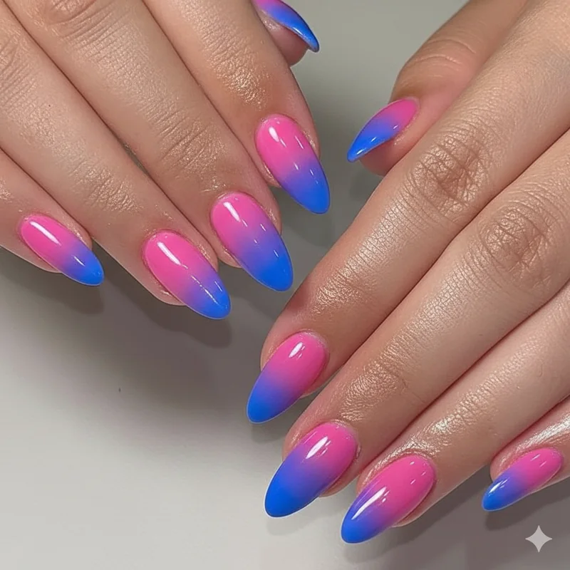 Almond nail shape taper showing natural gradient colour flow positioning for bisexual pride pink purple and blue nail art