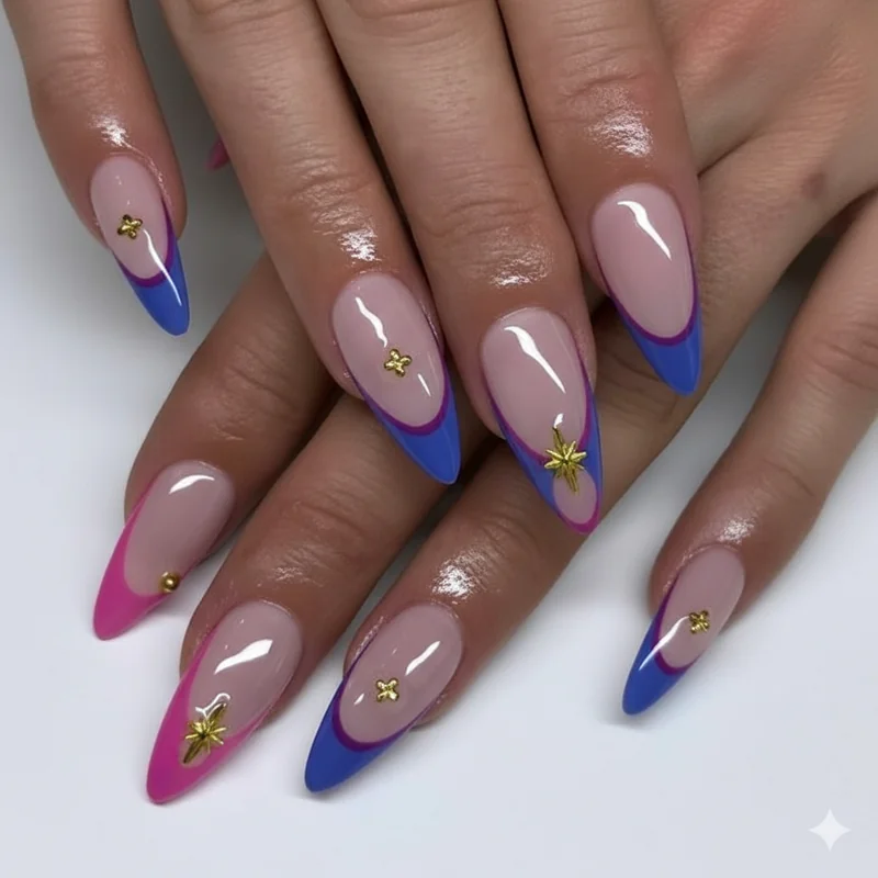 Bi French tip almond nails with pink purple and blue curved crescent tips on sheer nude base distributed across the hand