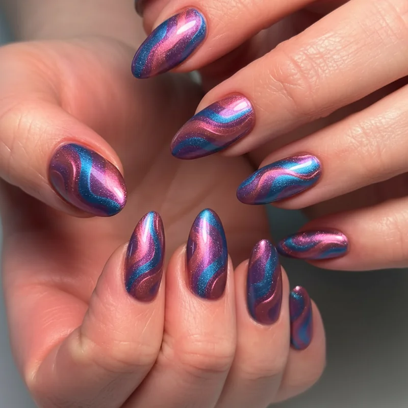 Chrome bi almond nails with mirror powder in pink purple and blue showing 2026 high-fashion bisexual pride nail aesthetic