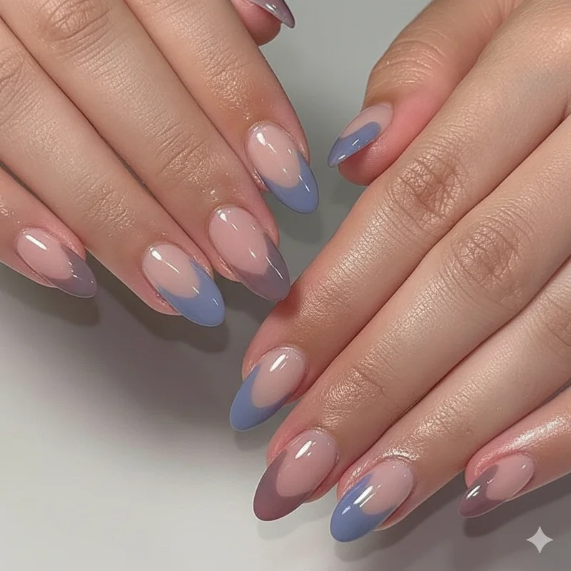 Everyday bi almond nails in dusty rose periwinkle and grey violet showing wearable muted bisexual pride designs for work