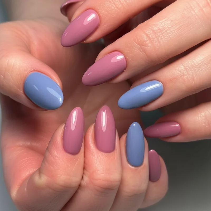 Skittles bi nails almond shape with solid pink purple and blue on individual nails in glossy finish bi pride palette set