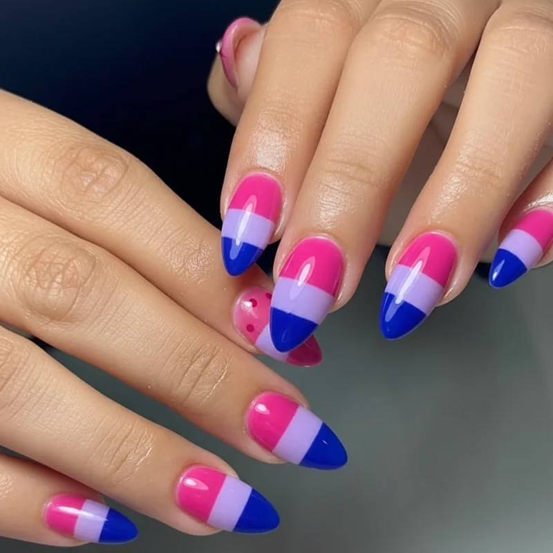 Bi flag colour palette swatches showing correct hot pink lavender purple and royal blue nail polish shades for bisexual pride manicure designs