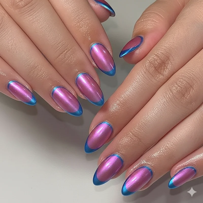 Bisexual aura nails in 2026 showing diffused pink purple blue glow with outlined aura perimeter and chrome powder finish in bi pride palette