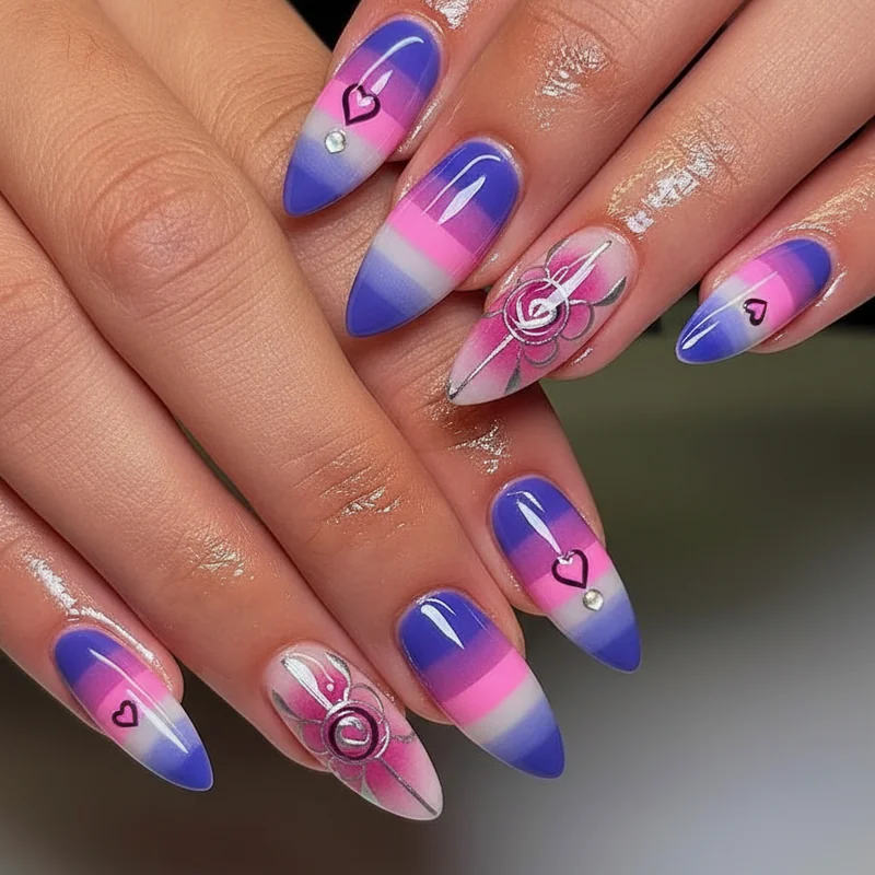 Bisexual nail designs by nail shape showing almond coffin square and oval formats wearing pink purple and blue bi pride palette designs