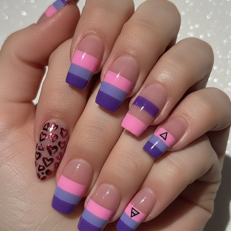 Bisexual nails on short nail length showing colour block accent nail and minimalist pink purple and blue designs that work on shorter nails