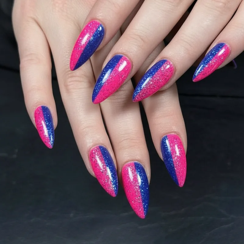 Bold bisexual pride parade nail designs featuring full flag stripe set with glitter accent nails and maximalist pink purple blue colour blocking
