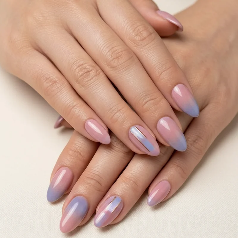 Everyday wearable bisexual nail ideas showing subtle single accent nail and tonal purple design that works for office and daily wear in bi colours