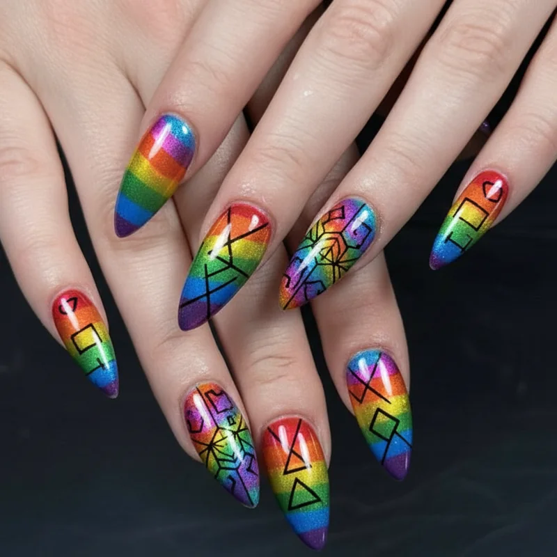 Gay nail trends 2026 featuring chrome powder identity flag colours and gel extension queer nail art designs in modern bold styles