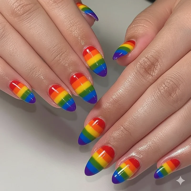 Gay nails showing rainbow and identity flag manicure designs celebrating LGBTQ plus community pride across different nail shapes 2026