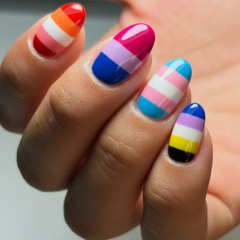 LGBTQ identity flag nail art showing lesbian orange pink bi purple and trans light blue stripe ombre manicure designs for pride
