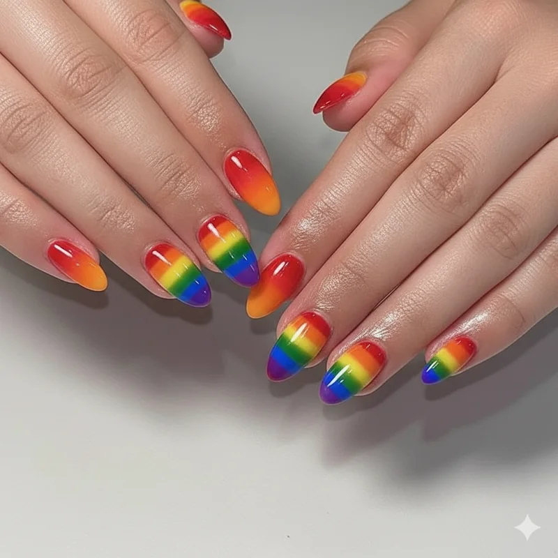 Rainbow gay pride nail art showing skittle and chrome ombre six stripe designs on almond and coffin nail shapes for pride manicure
