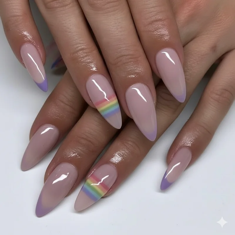Subtle gay nails featuring micro rainbow French tip and single accent nail designs for work appropriate LGBTQ plus pride manicure