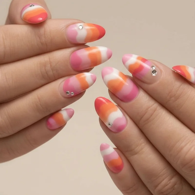 Femme-icure long acrylic set with two short party fingers WLW lesbian nail art design showing intentional flag colour set