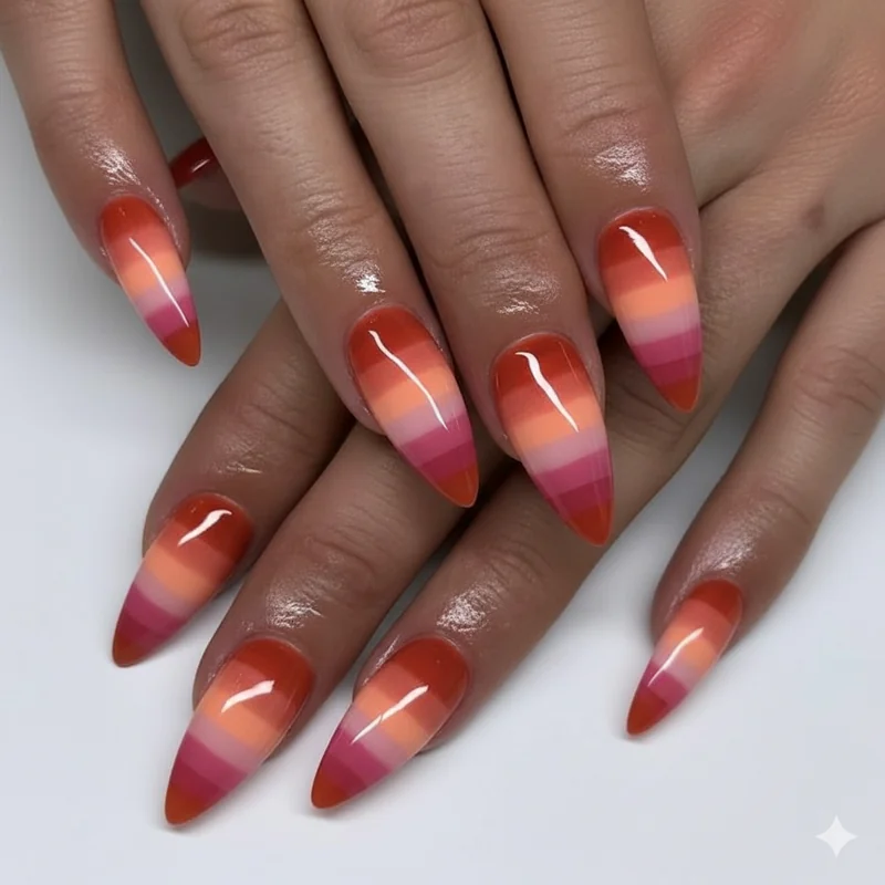Lesbian flag acrylic nails sunset ombre long coffin blending dark orange through white to deep rose WLW pride nail design