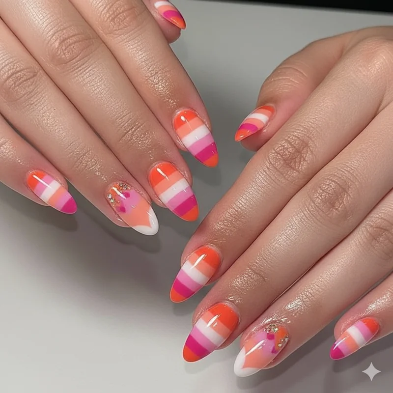 Maximalist sapphic long acrylic nails WLW coffin set with chrome sunset finish and bold 3D floral art for femme lesbian inspo