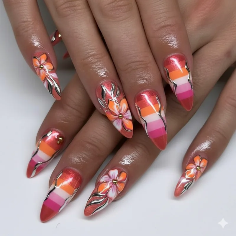 Soft femme long almond acrylic nails glass sheer nail effect in lesbian flag palette with translucent orange and pink white