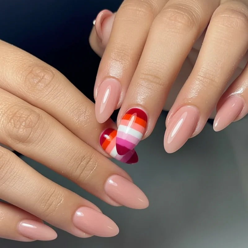 Lesbian flag accent nail on ring finger showing five stripe sunset orange white pink design against nude base coat short square nails