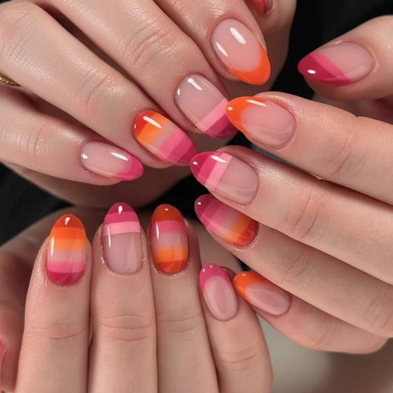 Lesbian flag 2026 modern nail designs showing aura technique chrome powder gradient and sunset French tip in orange white and deep pink