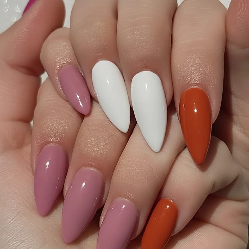 Lesbian flag nail polish colour matching guide showing accurate dark orange white and deep magenta pink shades with brand name references