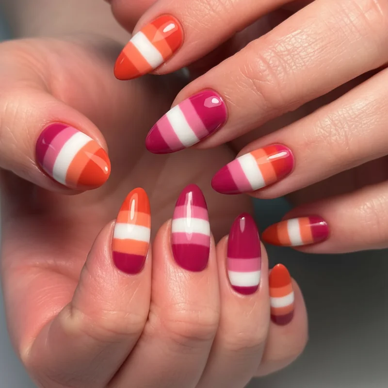 Lesbian flag nail design shape comparison showing sunset stripes and ombre on almond coffin square and oval nails side by side