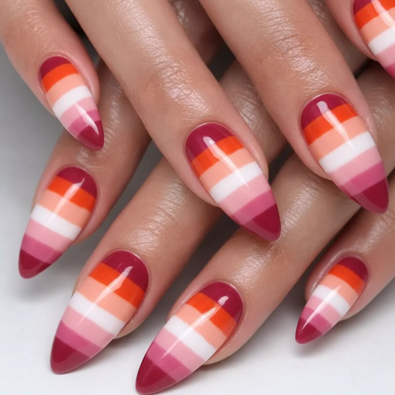 Lesbian flag nails salon brief guide showing reference image colour description and technician communication tips for sunset stripe ombre set