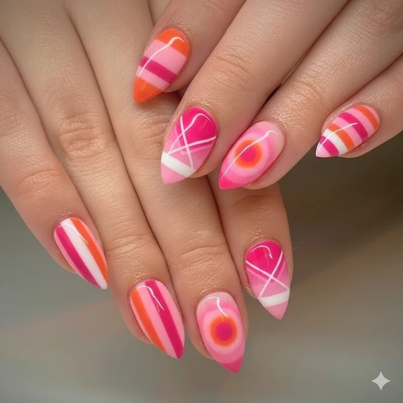 Mix and match lesbian flag nail set with different design on each nail including stripe ombre accent aura in sunset orange white pink palette