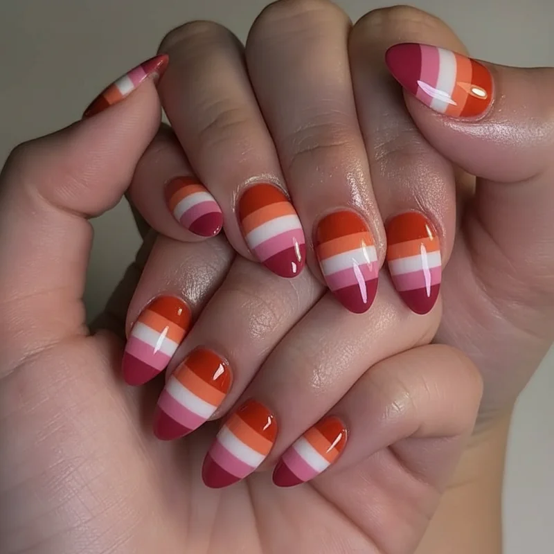 Sunset lesbian flag five stripe design history Emily Gwen 2018 dark orange white deep pink stripe order for nail art reference