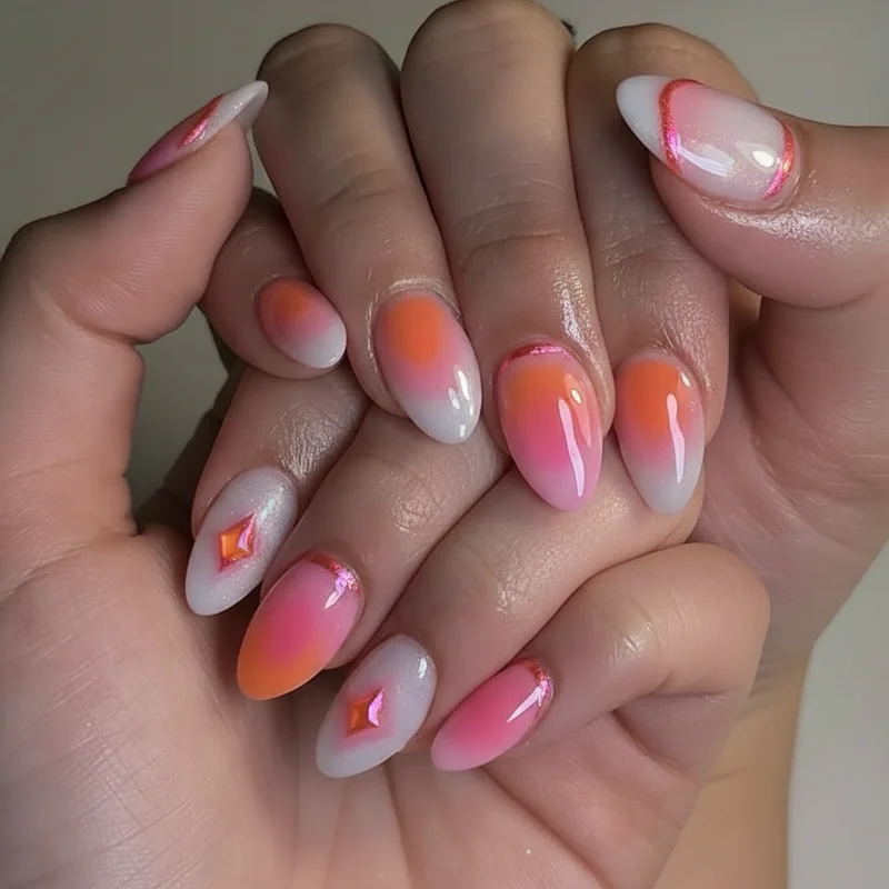2026 nail trends for short lesbian nails showing soap finish aura gradient jelly layers and chrome accent nail on squoval WLW manicure