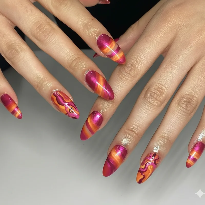 Bold maximalist short WLW nails featuring chrome finish negative space cutout and cat eye magnetic polish on squoval lesbian nail art