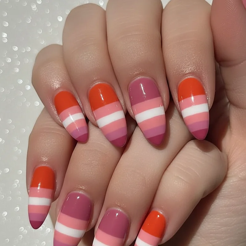 Lesbian flag colours on short nails showing dark orange dusty pink and white pride palette across squoval WLW manicure for pride