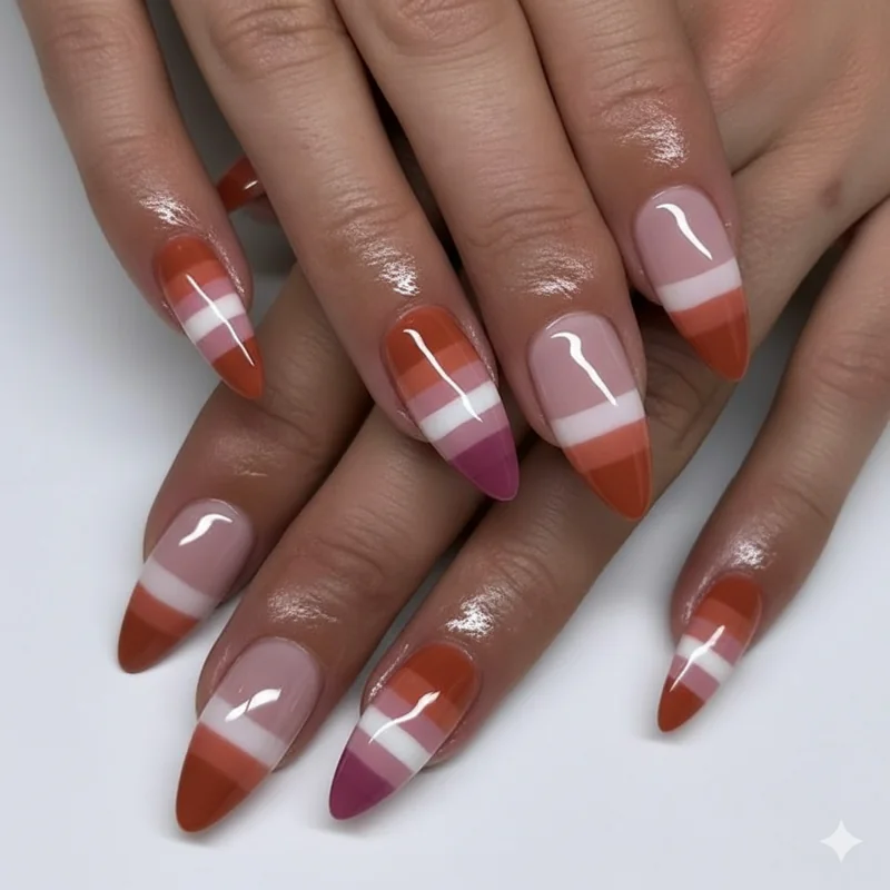 Matching WLW couples nails on short lengths with tonal lesbian flag palette showing coordinated sapphic manicure for two partners