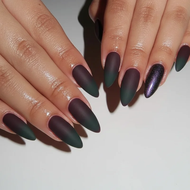 Soft butch masc lesbian nails with dark velvet polish and single chrome accent on clean short square WLW nail art 2026 design
