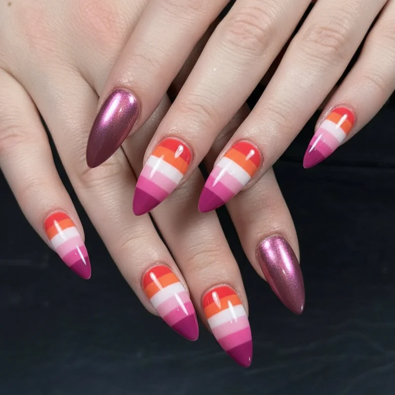 Two short nails lesbian manicure showing index and middle finger short with chrome accent and nail art on longer fingers WLW set