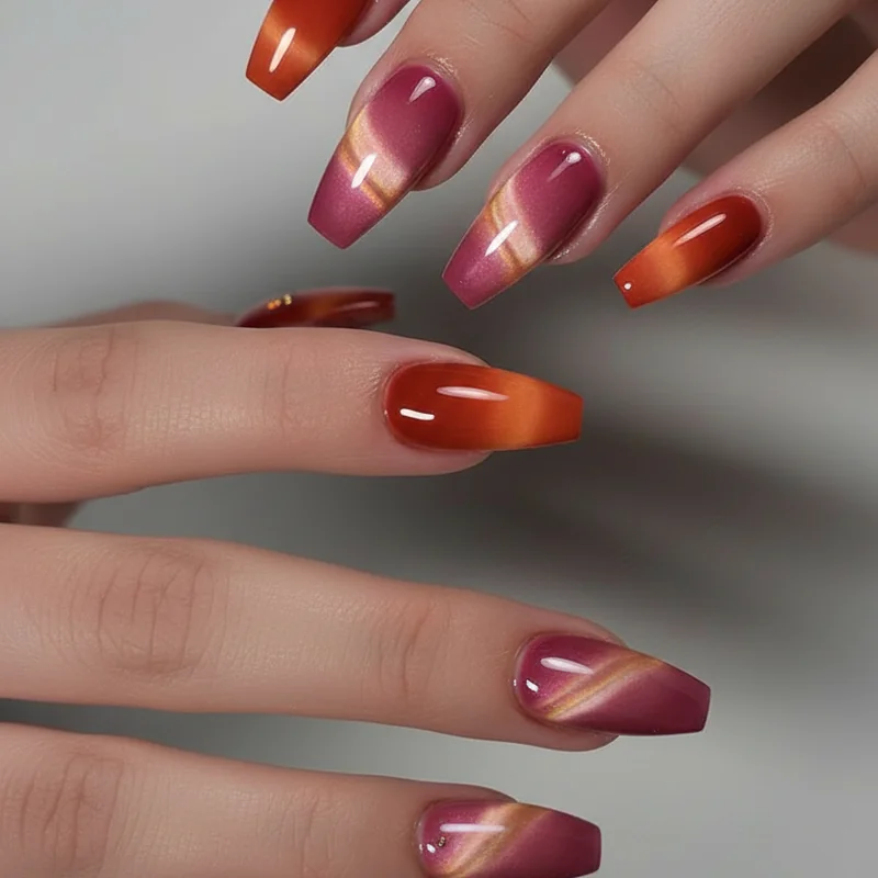 Bold long coffin and almond acrylic lesbian nails with cat eye gel sunset ombre and femmicure designs for WLW inspo