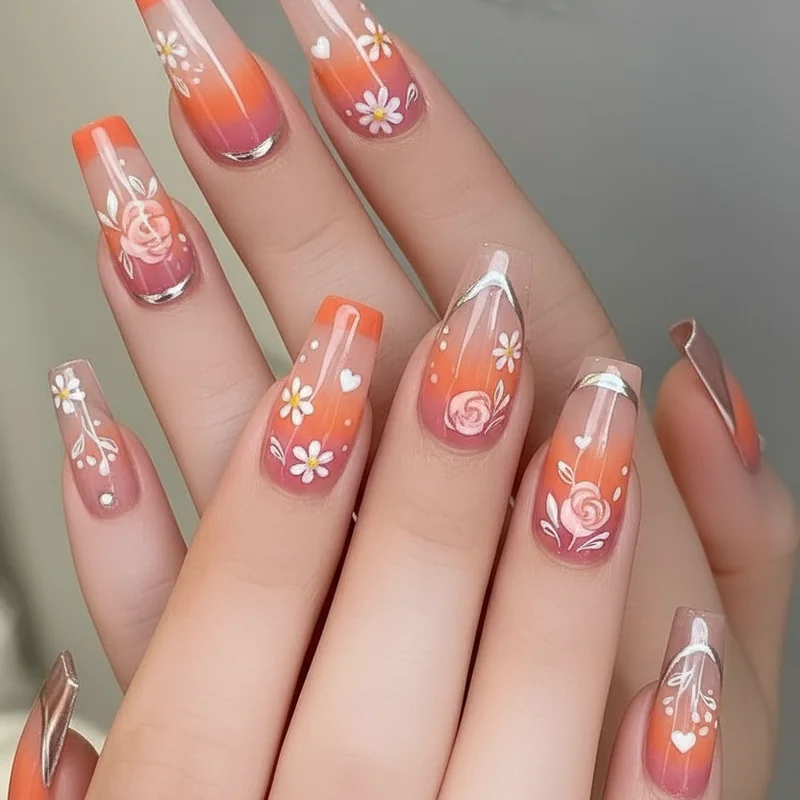 Femme lesbian femmicure showing long nail art with floral cottagecore designs chrome finish and jelly polish WLW inspo