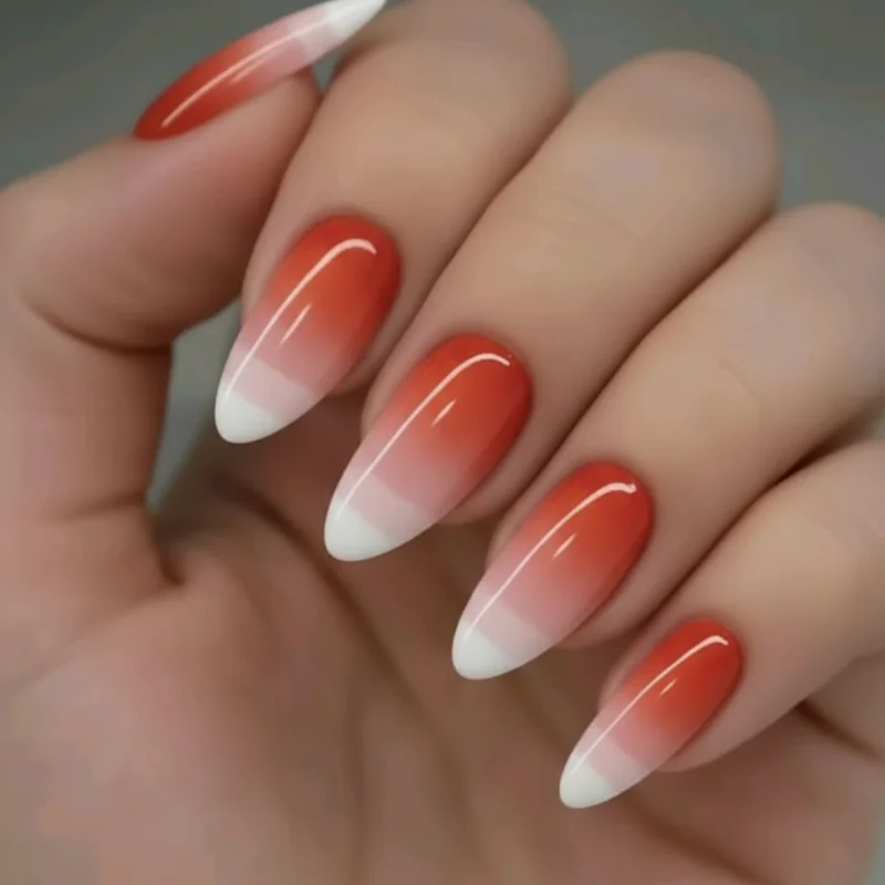 Lesbian flag orange pink white sunset ombre nail palette showing colour block and gradient designs for WLW pride inspo