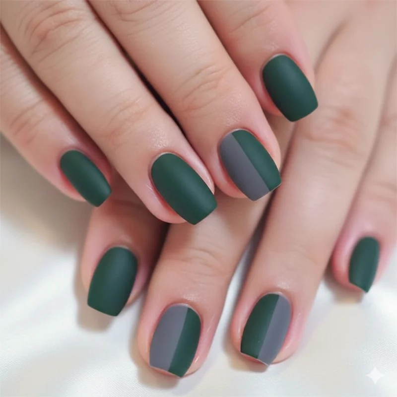 Masc and butch lesbian nail designs in dark forest green slate blue matte gel finish on short squoval nails intentional WLW