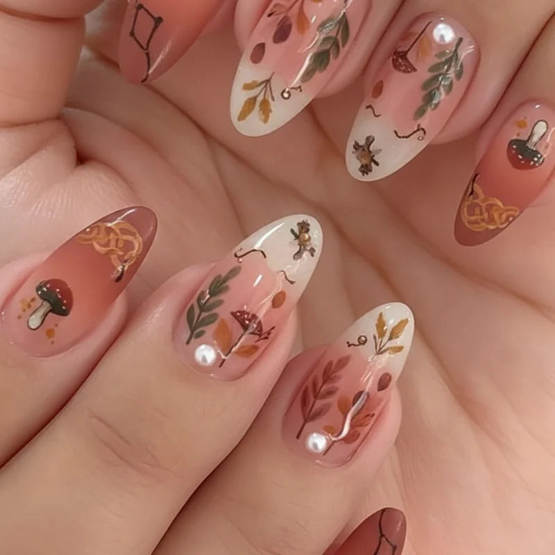Soft sapphic nail aesthetics showing cottagecore floral earth tone terracotta and dark academia burgundy WLW designs 2026