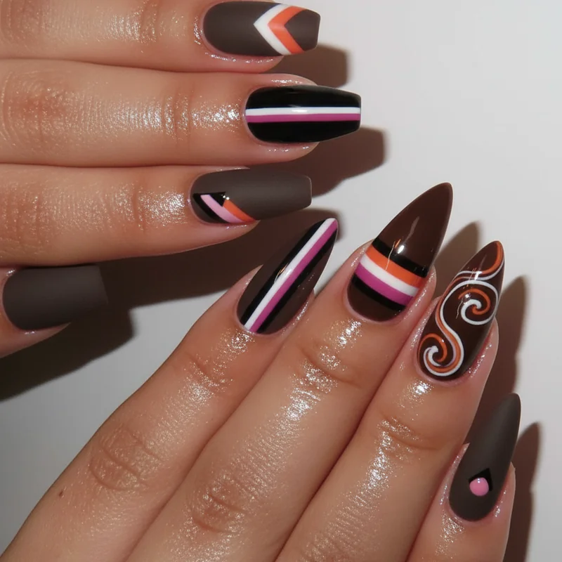 Androgynous nail aesthetic comparing matte square versus glossy round tip to show masc versus femme nail design energy for WLW