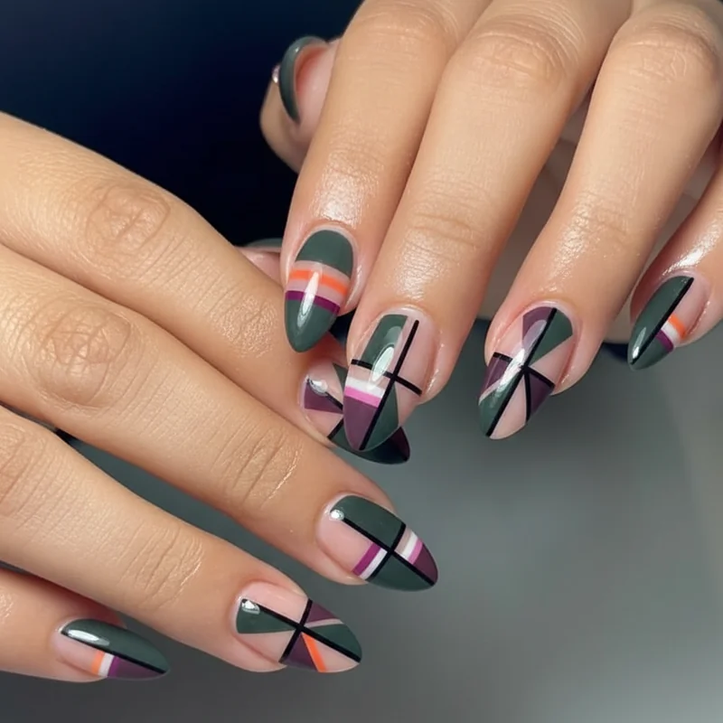 Geometric graphic line art and negative space short nail designs for masc WLW showing stripe work colour block and crosshatch patterns